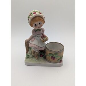 Jasco Strawberry Patches Girl Planter Holder‎ 1980 Ceramic Figurine 5" tall